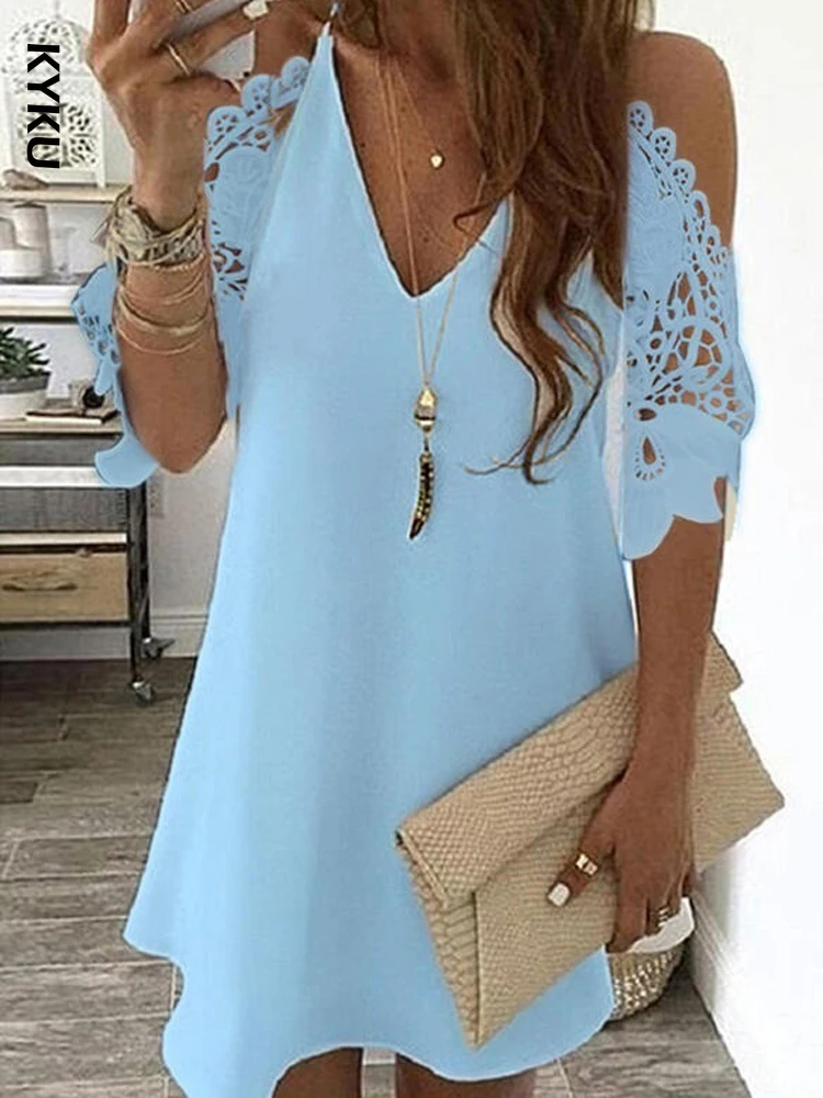 

Women's Lace Splicing Dress V-neck Off Shoulder Sling Mini Dress Solid Color Casual Hollow out Sleeve Dress