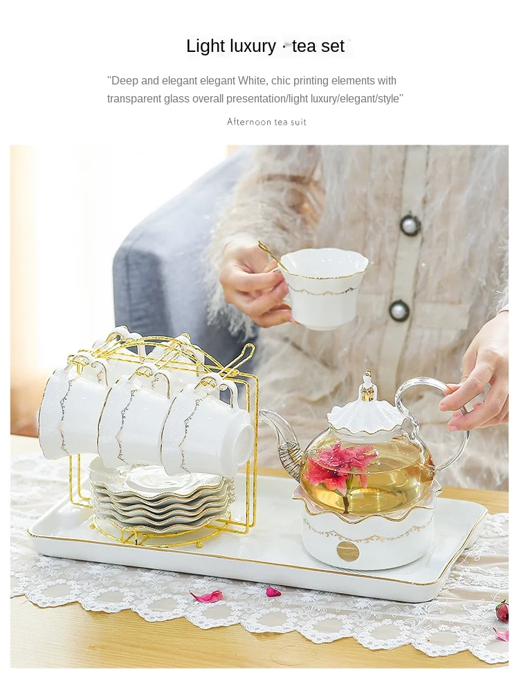 

EWAYS Glass Teapot Ceramic Mugs with Dishes Red Tea Filter Household High Temperature Tea Maker Golden Tea Cups Set Flower S