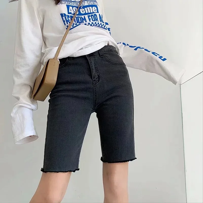 High Waist Slim Denim Shorts Women Tight Knee Length Stretch Short Jeans Pants Summer Streetwear Skinny Cycling Bermuda Pockets