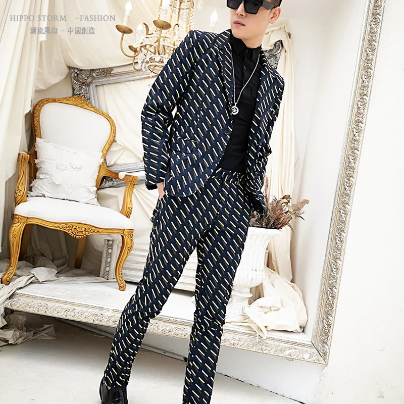 Мужской модный блейзер с принтом пиджак приталенный костюм комплект из 2