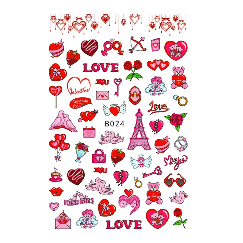 

10PCS New Valentine's Day Nail Stickers Valentine's Love Red Lips Print Rose Pigeon Lipstick Transfer Adhesive Nail Art Decorati