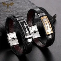 high quality stainless steel charm anchor stackable layered bracelet braided black leather bracelet for man mens hand jewelry