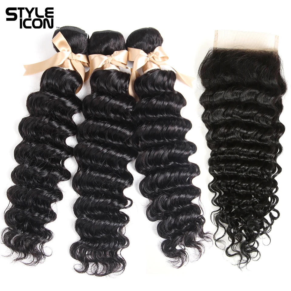 Styleicon Deep Wave Hair with Closure Brazilian 34 Bundles with Closure Deep Wave Human Hair Weaving with Lace Closure Non-Remy