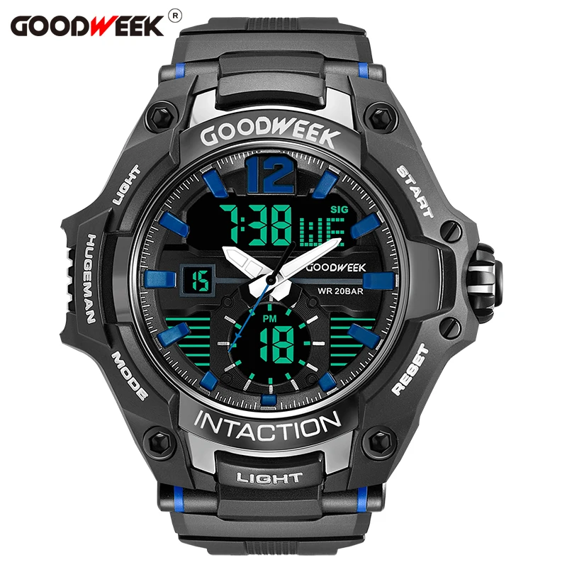 blackblue GOODWEEK спортивные часы с большим циферблатом для мужчин, водонепроницаемые цифровые кварцевые часы с Led двойным дисплеем, часы с хронографом, Relogios Masculino - Цвет: blackblue