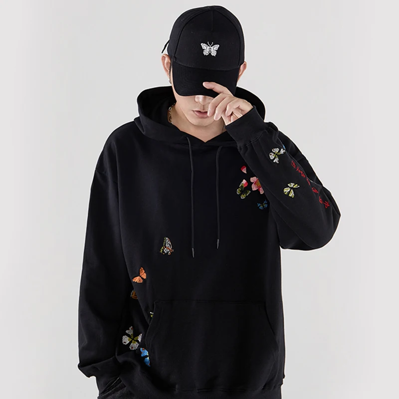 

Hip Hop Harajuku Streetwear Hoodie Sweatshirt Mens Embroidery Butterfly Floral Pullover Cotton Casual 2020 Autumn Sweat Shirt