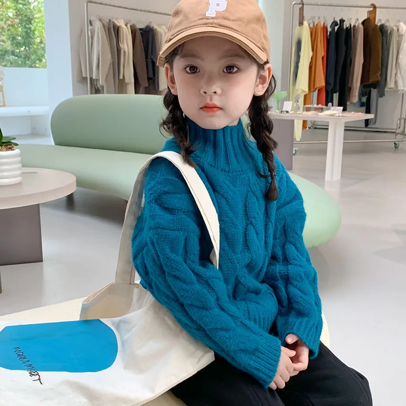 

Новинка Зима 2021, детская одежда, свитер с высоким воротником из грубой конопли для девочек, корейский Однотонный свитер 2-372
