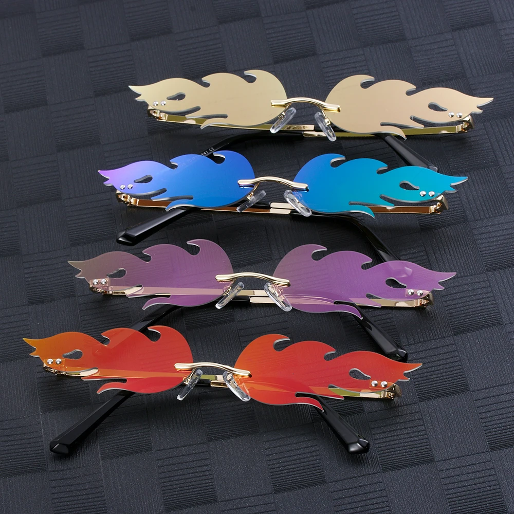 

2021 Fashion Fire Flame Sunglasses Women Men Rimless Wave Sun Glasses UV 400 Eyewear Luxury Trending Narrow Bike Sunglasses