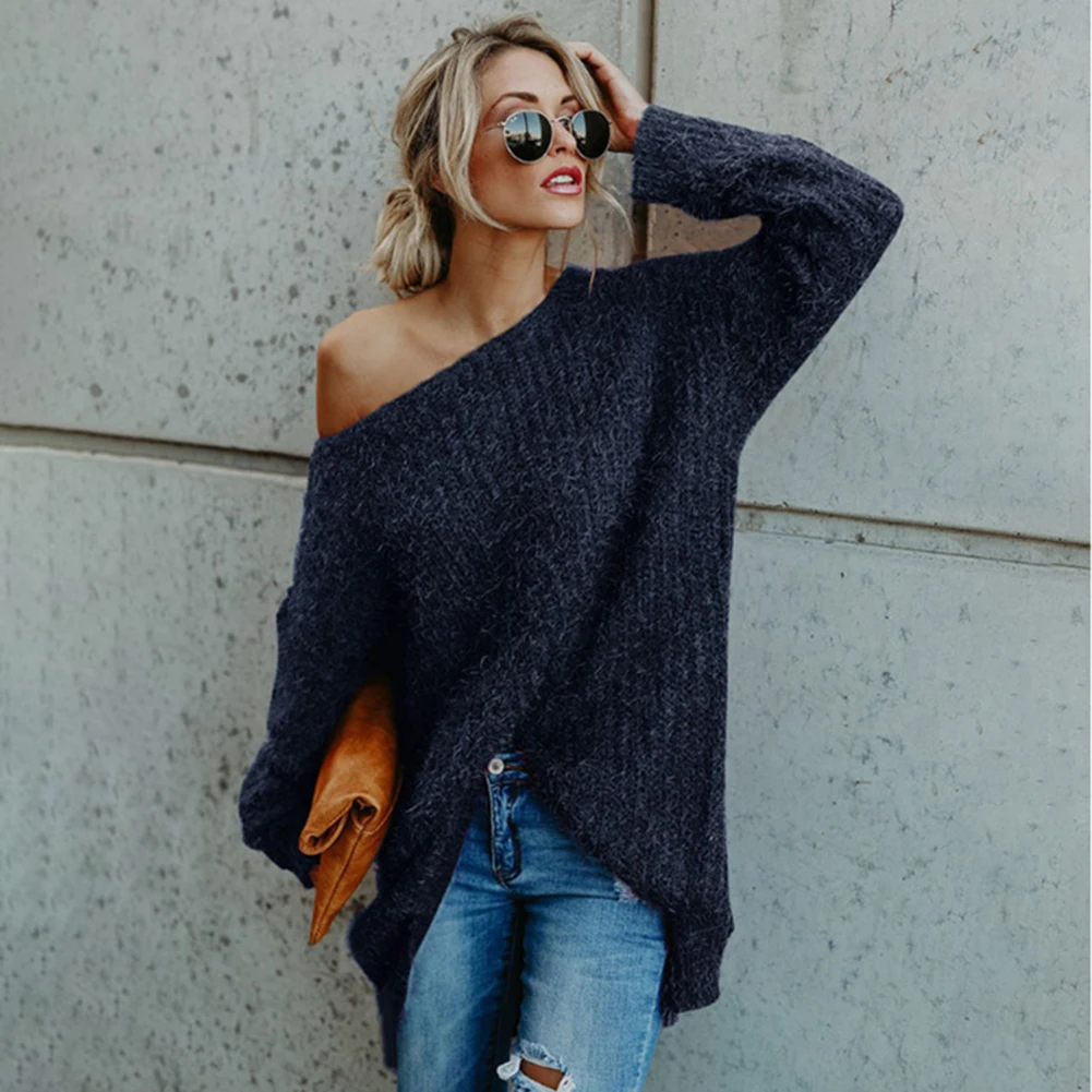 Women Autumn Winter One Shoulder Sweater Plus Size Loose Fit Plush Pullover SEC88 | Женская одежда