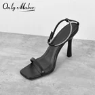 Босоножки Onlymaker с квадратным носком, летние матовые черные туфли из мягкой искусственной кожи с кристаллами, на тонком высоком каблуке, с ремешком на щиколотке и пряжкой, выразительные