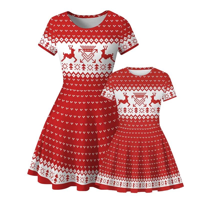 

Christmas Mother Daughter Dress New Fashion Printed Teen Girls Dress Cute Family Party Parent-Child Outfits Mom And Girl Clothes