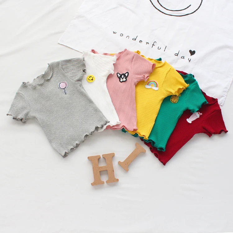 

New Girls Tees Summer Cute Top Versatile Short Sleeve T-shirt Korean Wood Ear Elastic 1-5years Old Striped Tshirt For Baby Girls