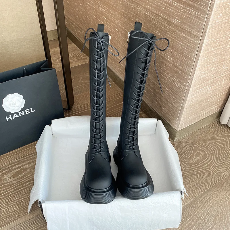 Женские ботфорты на платформе Pofulove черные кожаные сапоги до колена модные для