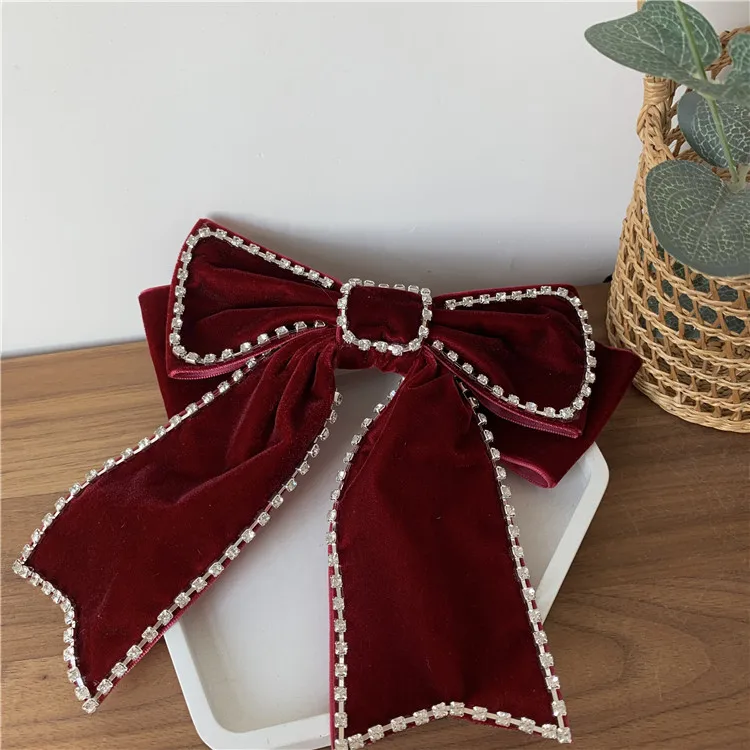 

Velvet Bow With Clip Women Girls Elegant Rhinestone Bow Tie Hairpins Vintage Black Wine Red Bow Hair Clip Prom Hair Accessories