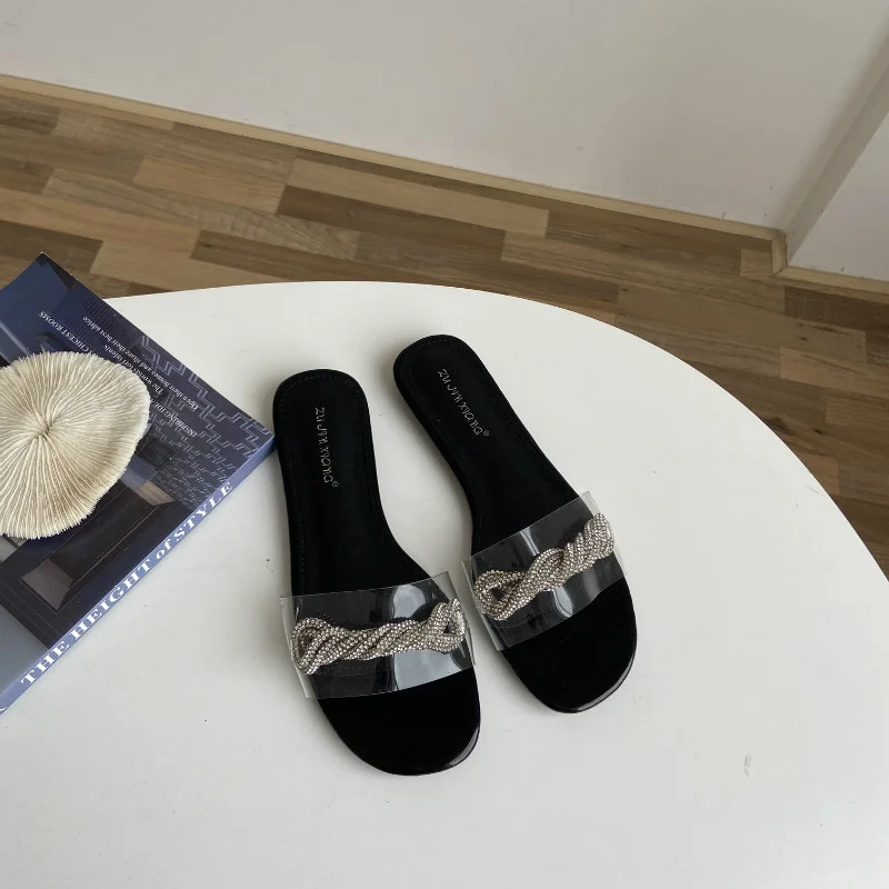 

Мюли женские с кристаллами, летние туфли без застежки, открытый носок, плоский каблук, пляжные тапочки, 2021