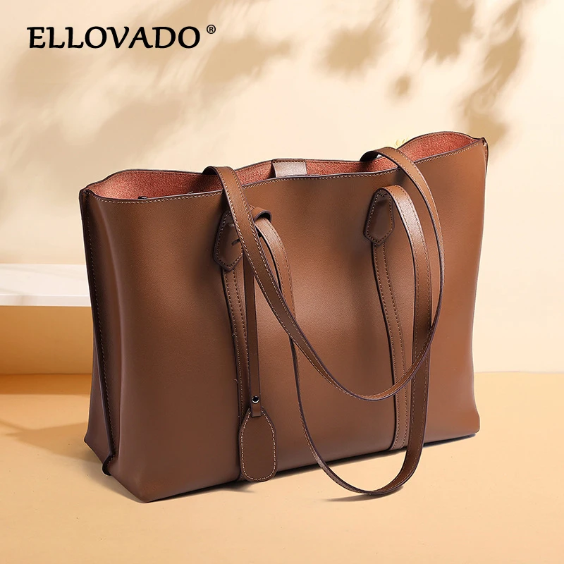 Ellovado High Quality Ladies Genuine Leather Shoulder Bag Female Large Bag for Women Luxury Women Leather Soft Black Hand Bag