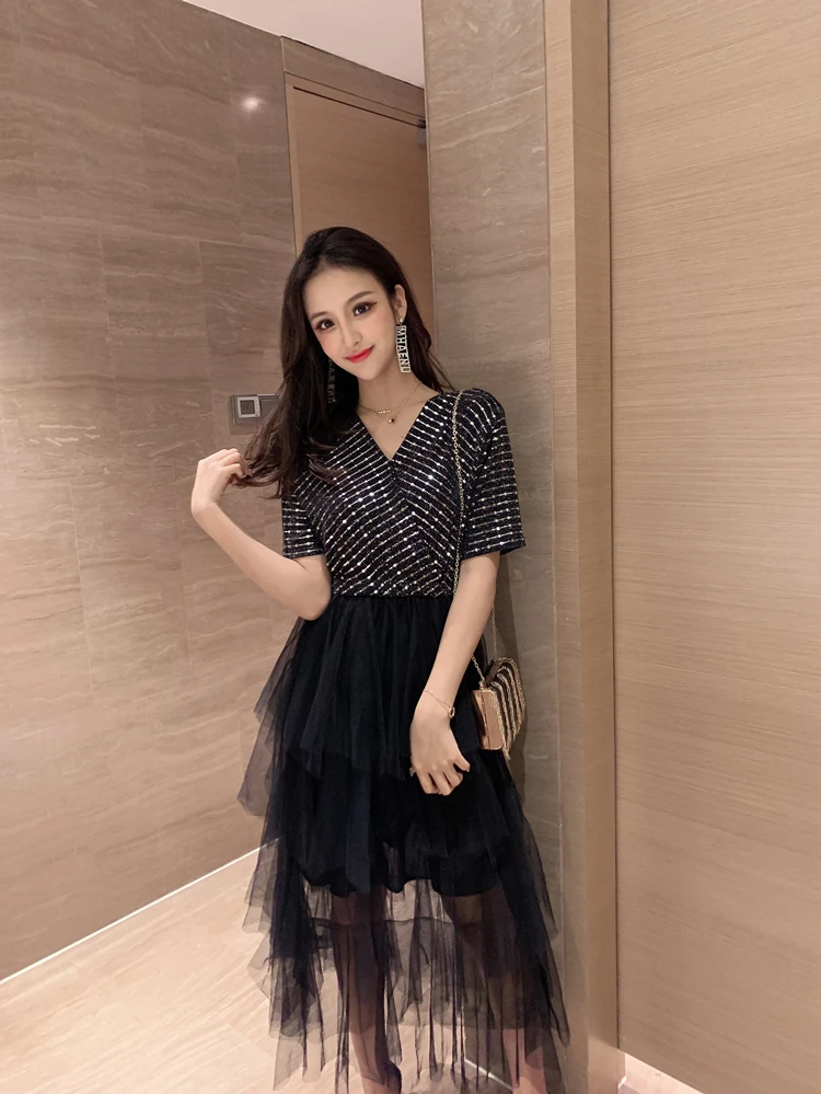 Женское многослойное платье с короткими рукавами вечерние платья в Корейском