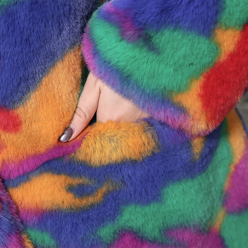 Nerazzurri multi color fluffy faux fur coat notch lapel long sleeve colorful warm soft plus size winter women faux fur jacket