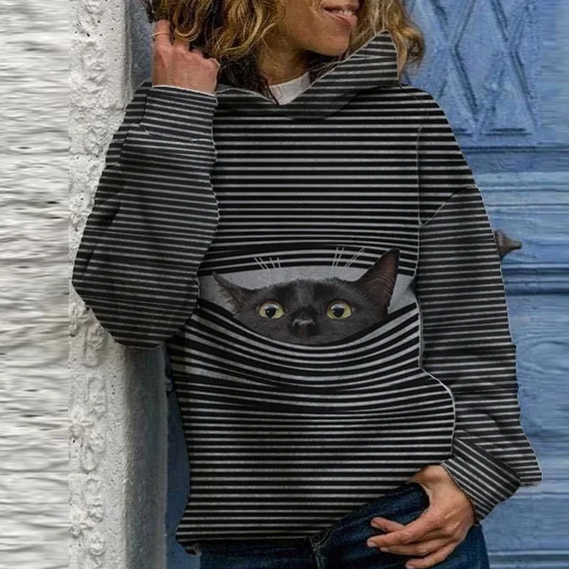 

2020 Autumn Cute Cat Print Striped Hoodie Women Casual Long Sleeve Tops Pullover Fashion Harajuku Female Hooded Sweatshirts 3XL
