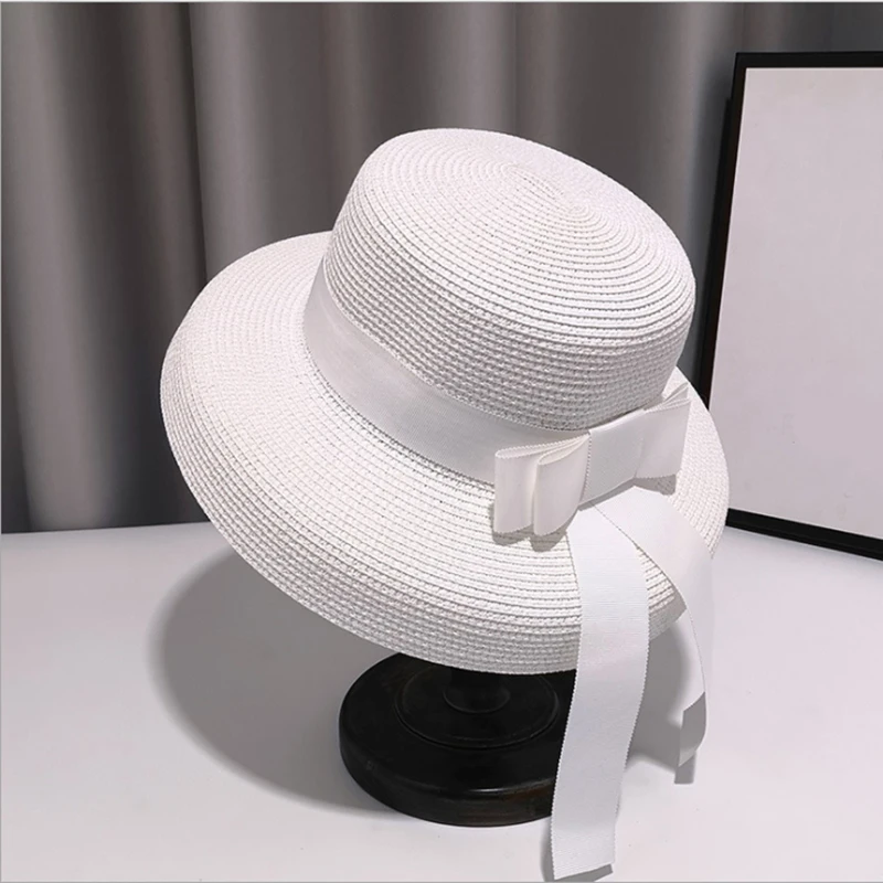 

New Women Ring Top Straw Hat Summer Wide Brim Boater Hat Elegant Bow Ribbon Hepburn Ladies Sun Hats Fedora Hat Church Derby