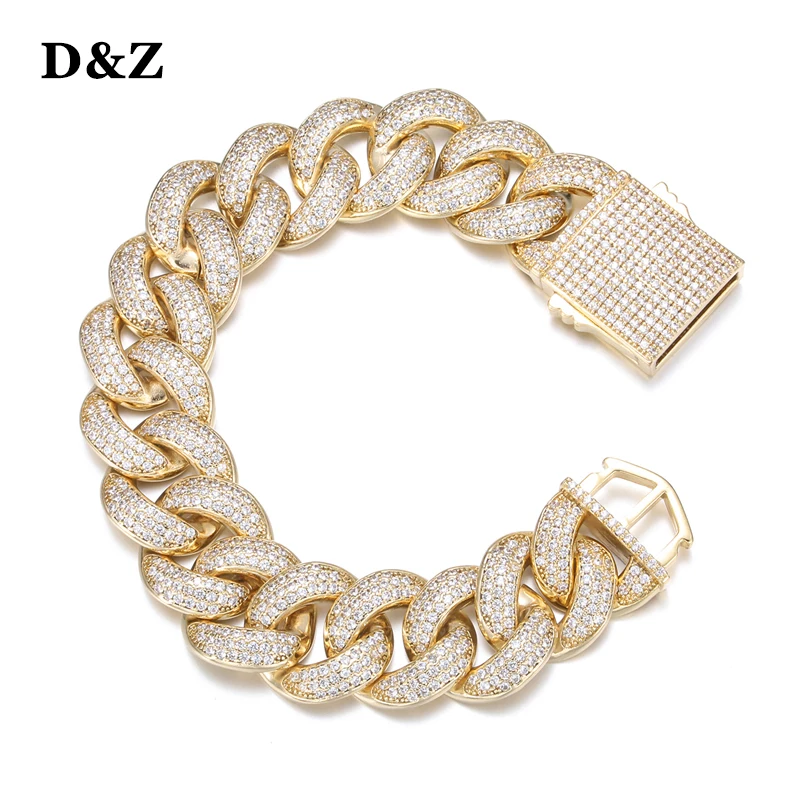 

D&Z New 19mm Heavy Prong Cuban Link Bracelet Spring Buckle Iced Out Cubic Zircon Stones With Solid Back For Men Hip Hop Jewelry