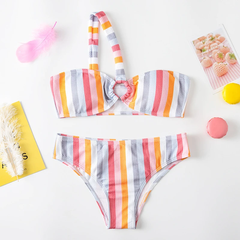 

Mossha Bandeau ribbed bikini push up One shoulder swimwear Multicolor bikini 2020 Sexy woman's swimsuit Female bathing suit NEW