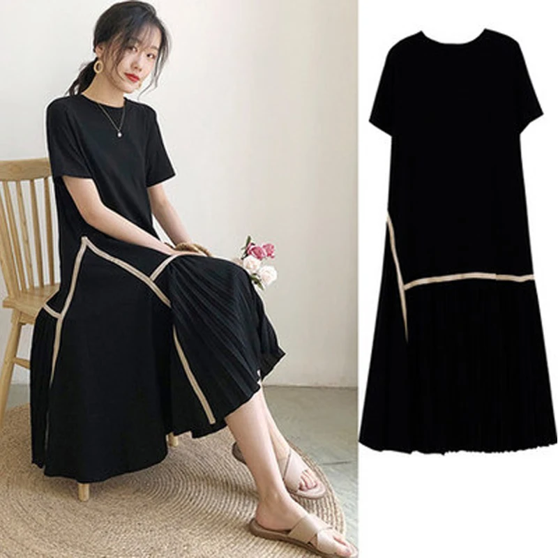 2022 Summer Plus Size 4XL Women Tunic Dress O-Neck Loose Ladies Vestidos Dresses Black Color Patchwork Female Robe Dress KE1073