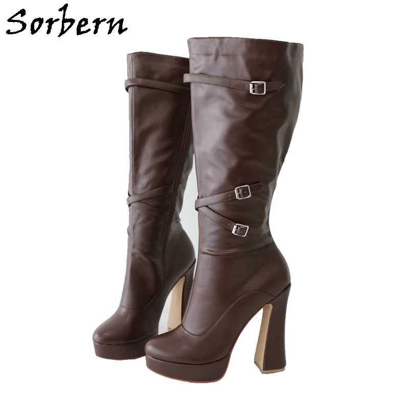 

Sorbern Coffee Matt Knee High Boots Women Block High Heel Shoes Buckles Straps Visible Platform Female Shoes Unisex Styles