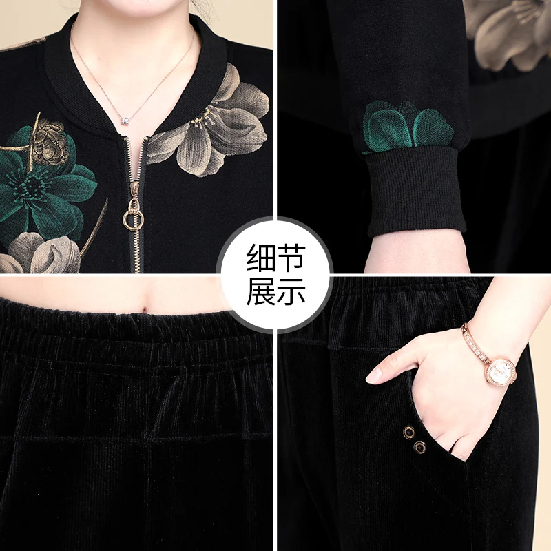 

New Fashion Women Tracksuit Coat Zipper Sweatshirt Autumn Black Pants Sportwear Casual Women's Floral Oversize Female Jackets