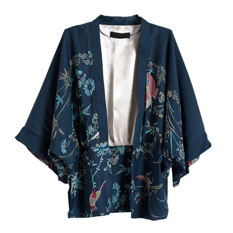

Vintage Summer Women Outerwear Cardigan Flowers birds Printed Chiffon Sun Protection Kimono Shirt