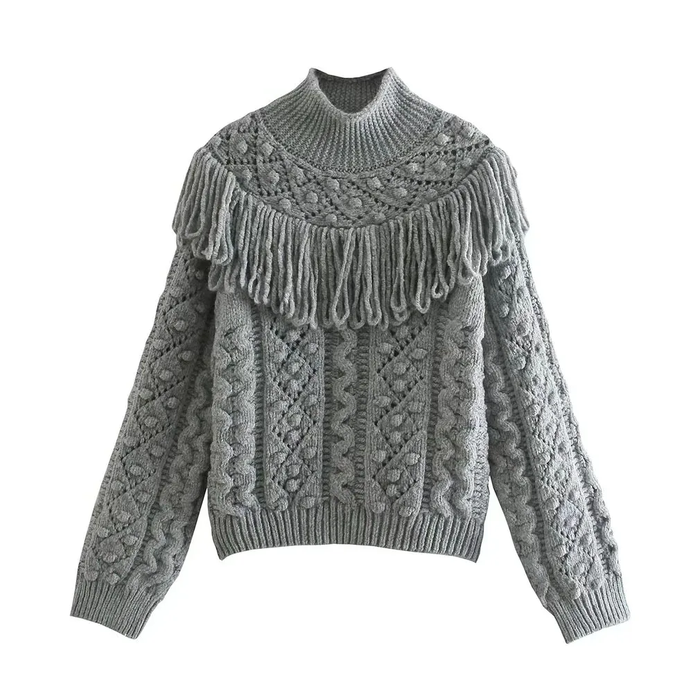 

DYLQFS 2021 Новый женский осенний винтажный серый вязаный свитер с ложным воротником, Женский Повседневный Свободный пуловер с длинным рукавом ...