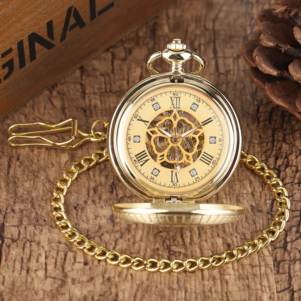 Luxury Manual Mechanical Pocket Watch Silver/Gold/Bronze Stars Decor Half Hunter Antique Hand Winding Mechanism Pocket Timepiece