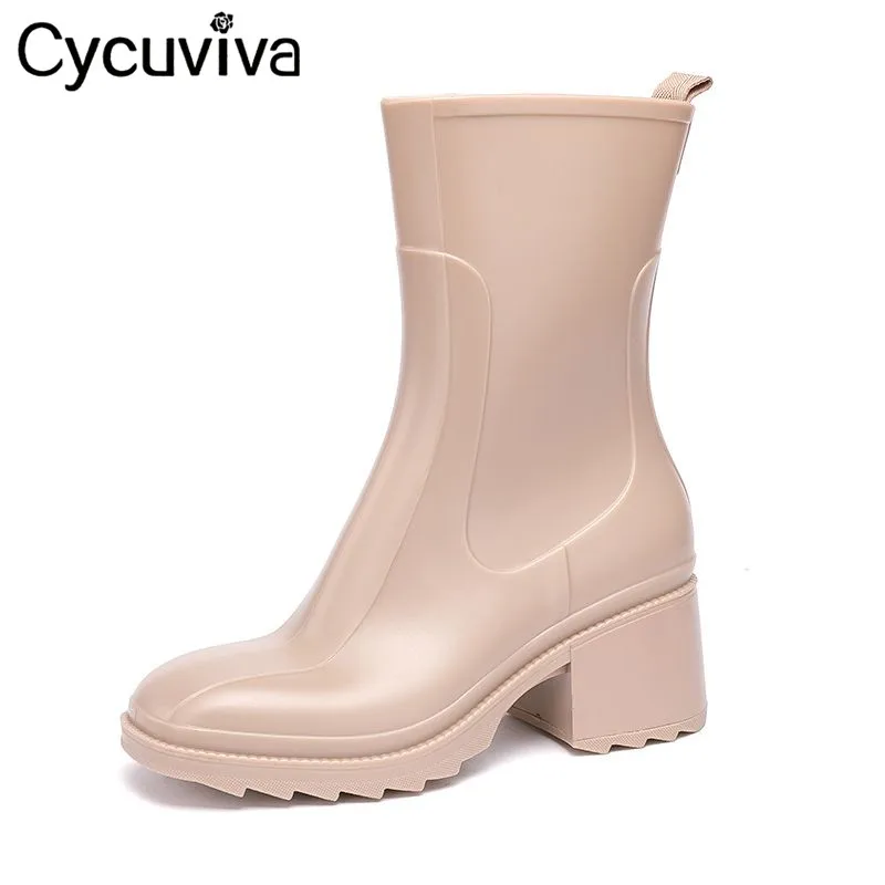 

New PVC Black Rain Boots Women Chunky High Heel Ankle Boots Designer Rubber Chelsea Boots Ladies Platform Rain Shoes for Women