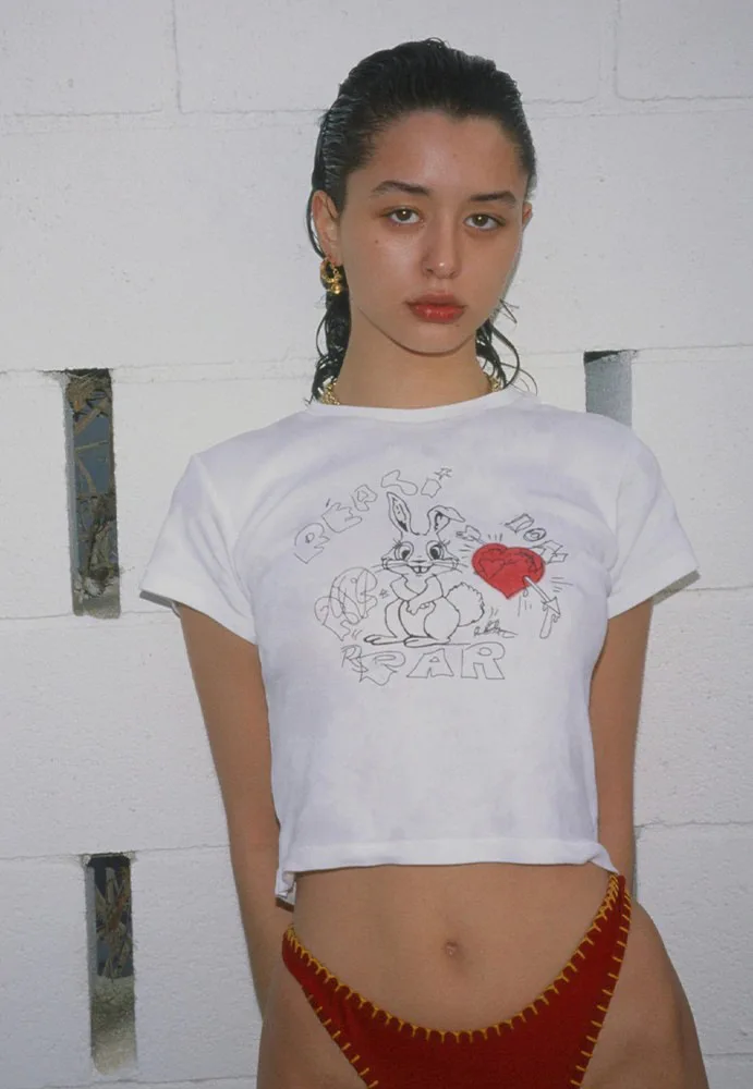 

Women T-shirt 2021 Summer Rabbit Love Print Short-sleeved Female Round Neck High Waist Slim T-shirt Short Umbilical