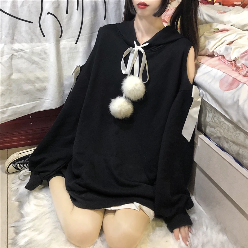 

New Autumn Women Japanese Preppy Style Loose Long Sleeve Off Shoulder Hooded Hoodies Spring Girls Sweet Bow Lace-up Sweatshirts