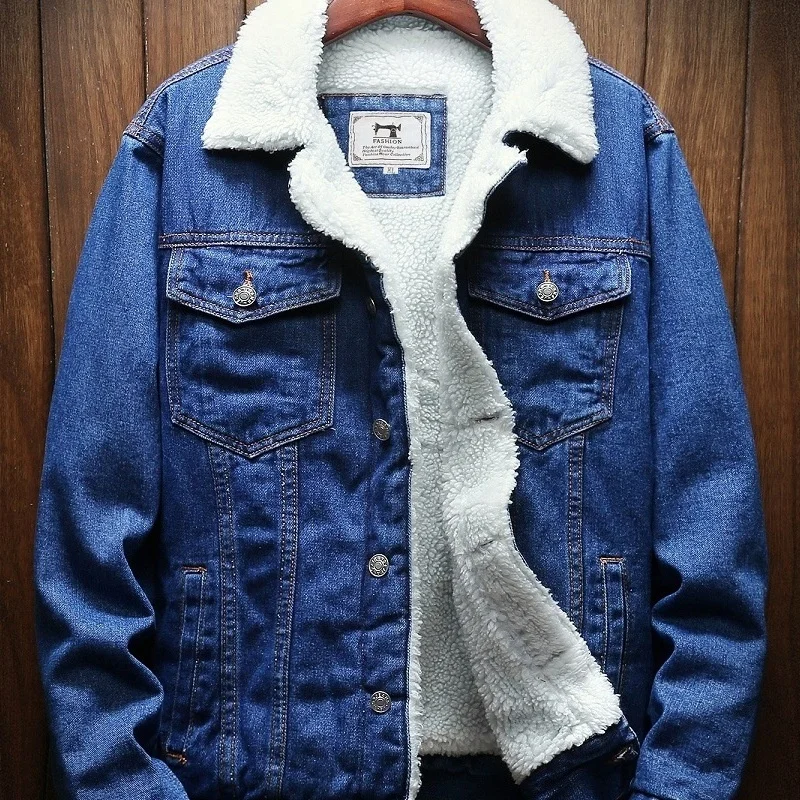 

Winter cashmere thickened cotton jacket men's Korean slim fit denim wool lamb cotton jacket large size cotton jacket men's