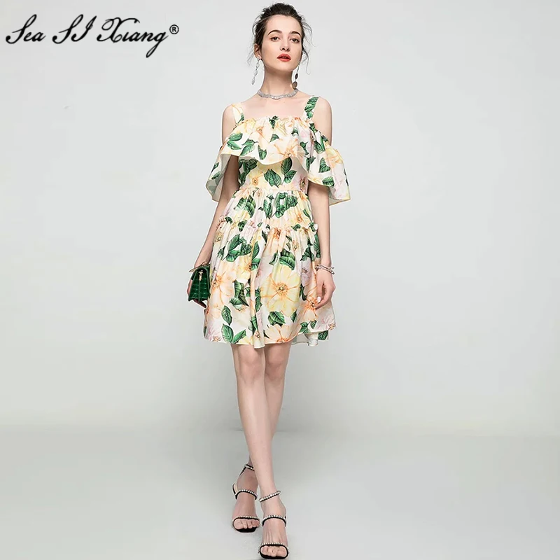 

Seasixiang Fashion Designer Summer Dress Women's Slash neck Butterfly Sleeve Sexy Backless Floral Print Spaghetti Strap Dresses