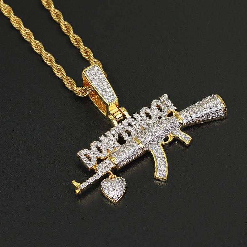 Хип-хоп AAA кубический цирконий проложенные Bling Iced Out не Shoot Heart AK 47 кулоны с оружием