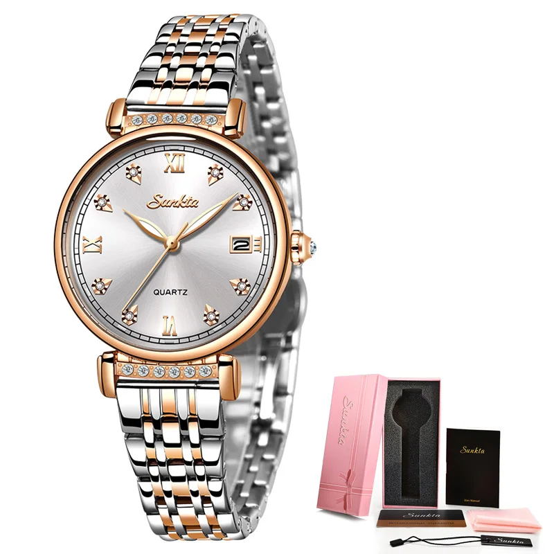 

Sunkta New Rose Gold Women Watches Simple Diamond Watch Womens Fashion Waterproof Quartz Watch Girl Clock Relogio Female +Box