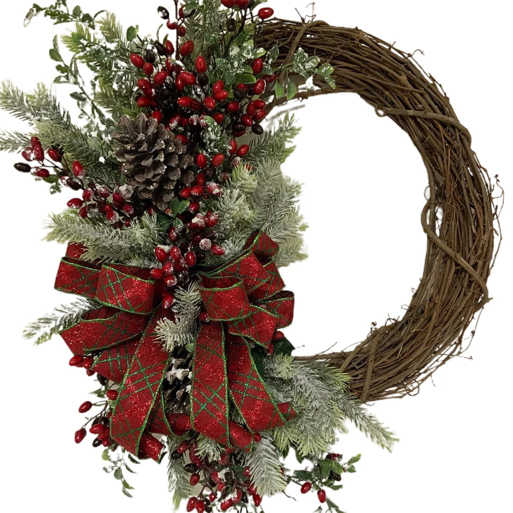 

Рождественский венок, 38x38 см, бант для внутреннего/наружного использования из ротанга с искусственными красными ягодами, Осенние украшения,...