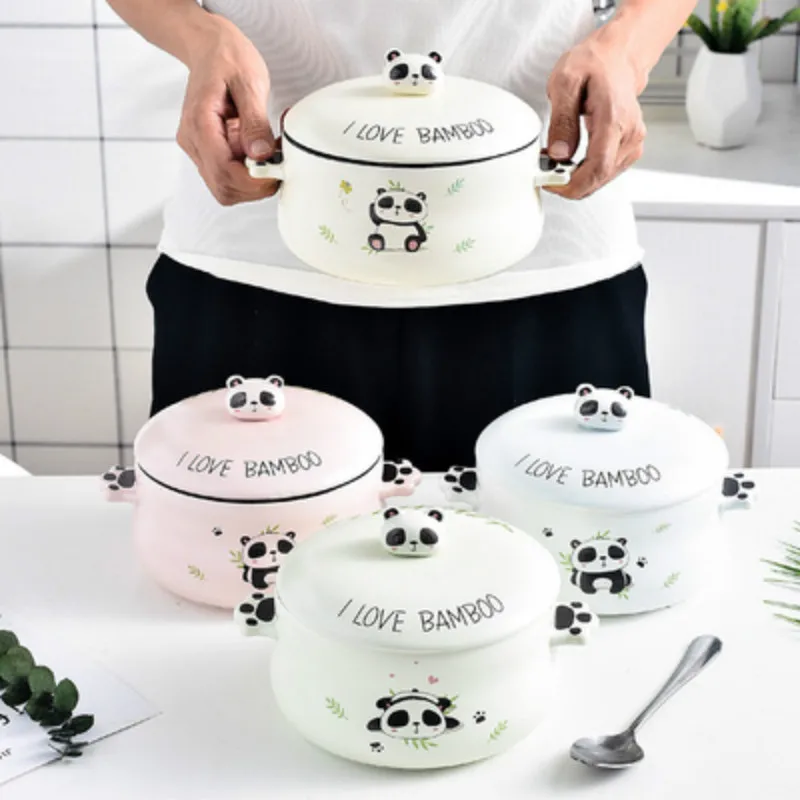 Милая керамическая чаша с крышкой вилка ложка для рамен риса салата закуска