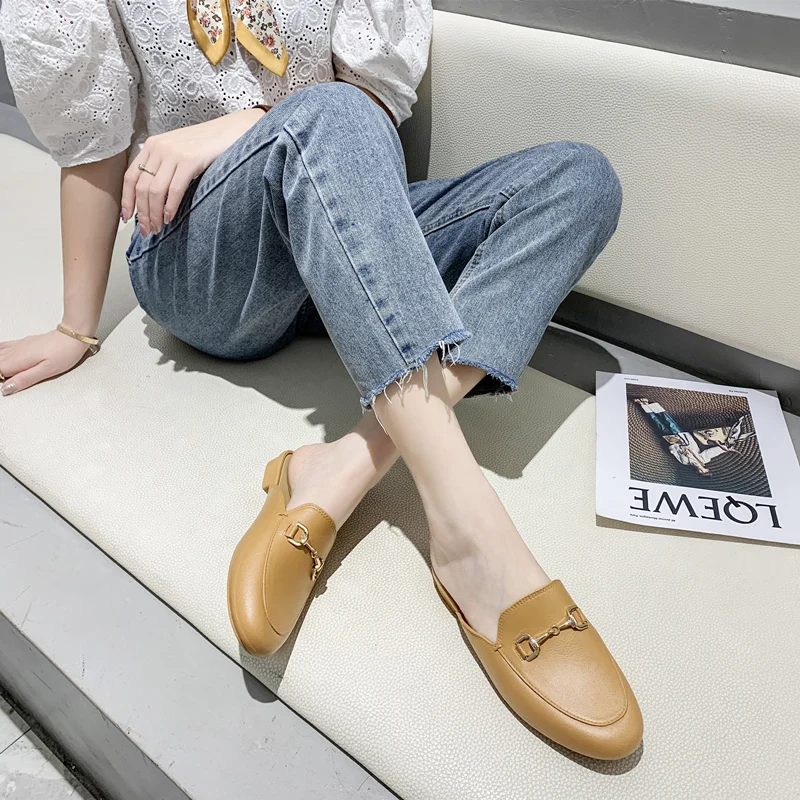 Мюли женские без каблука ПУ кожа заостренный носок застежки сандалии летняя