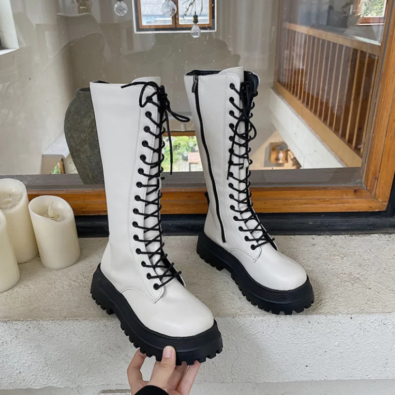 2022 Women's Winter High Boots Thick-soled Height Increase Martin Boots Round Toe Zipper Women's Knee Rider Boots Botas De Mujer