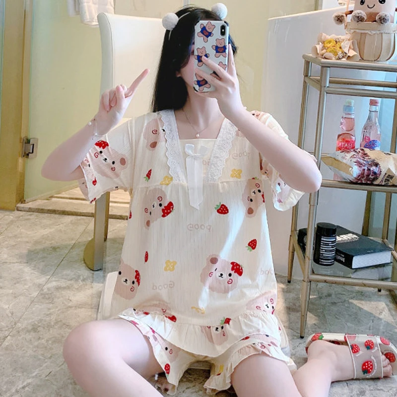 

Plus Size New Women Pajamas Set Simple Casual Sleepwear Silk Pyjamas Cute Lounge T-Shirts+Shorts Soft Home Wear For Teen Girls