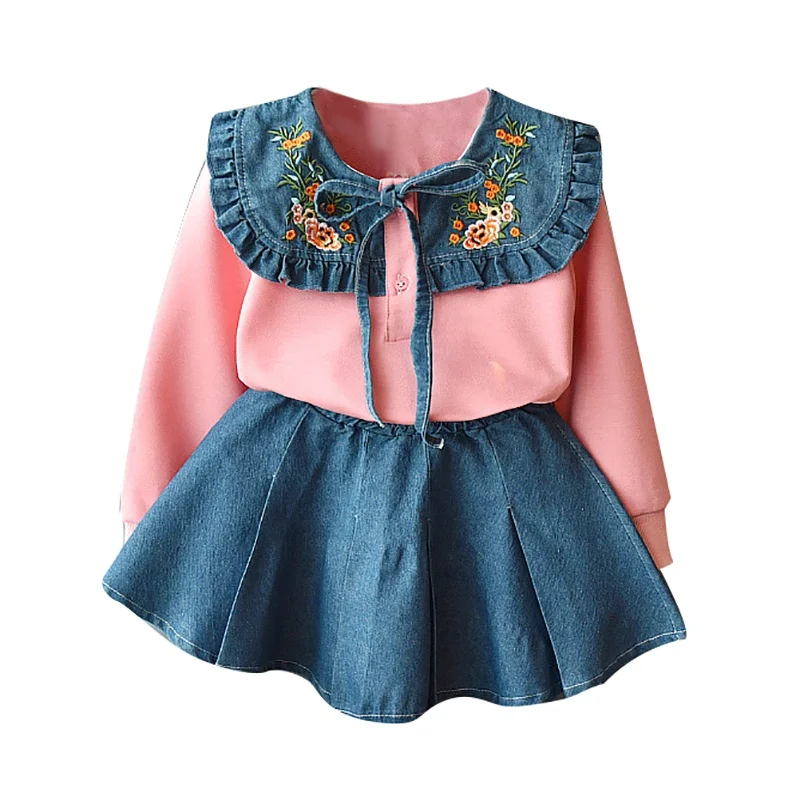 

2pcs Baby Girls Set Kids Long Sleeve Clothes Set Embroidery Flower Sweatshirt Short Denim Skirts Casual Outfits Set 2-8Y