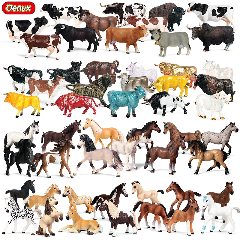 Oenux Farm Animals Milk Cow Horse Set Simulation Wild Steed Cattle Calf Action Figures Collection Pvc Lovely Model Toy Kids Gift