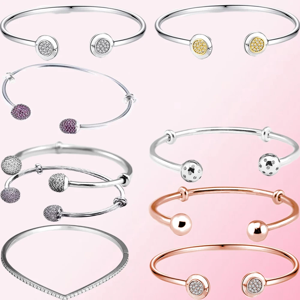 

2019 100% 925 Sterling Silver Classic MOMENTS SILVER Rose Gold OPEN BANGLE Women's Charm Personality Jewelry Free Shipping