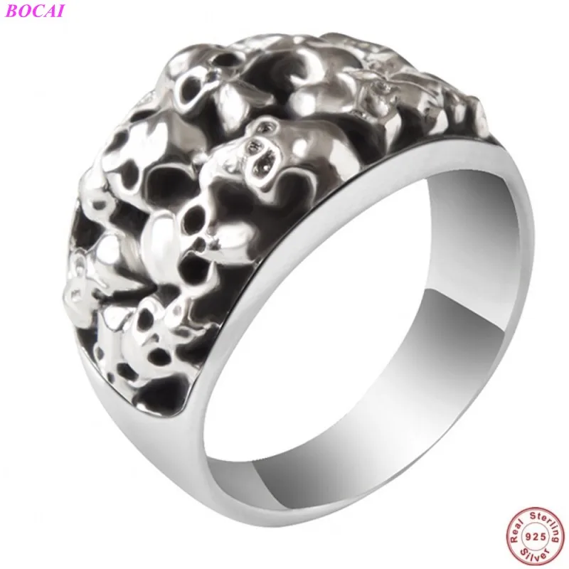 

BOCAI S925 Sterling Silver Male Rings Retro Craft Fashion Men's Thai Silver Simple Design Skull Head Ring For Men And Women