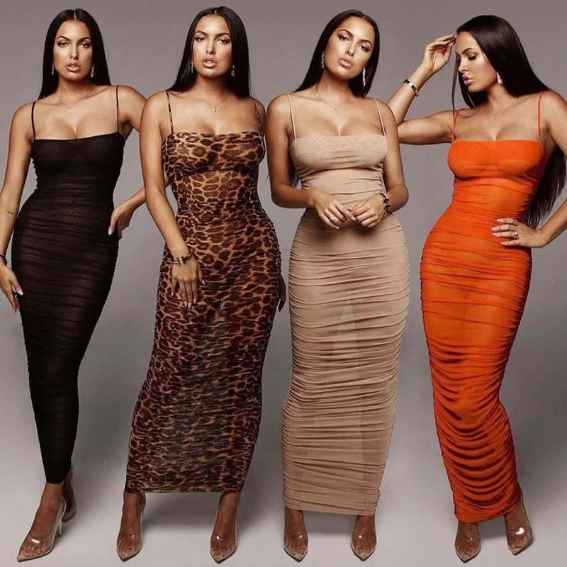 

Женское летнее длинное газовое платье, Привлекательное платье на бретельках с вырезом лодочкой, модное однотонное прозрачное облегающее д...