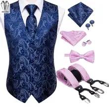 Hi Tie – gilet en soie pour hommes, bretelles Jacquard, bleu marine, Paisley, rose, bretelles, col, nœud papillon, boutons de manchette Hanky  (4)