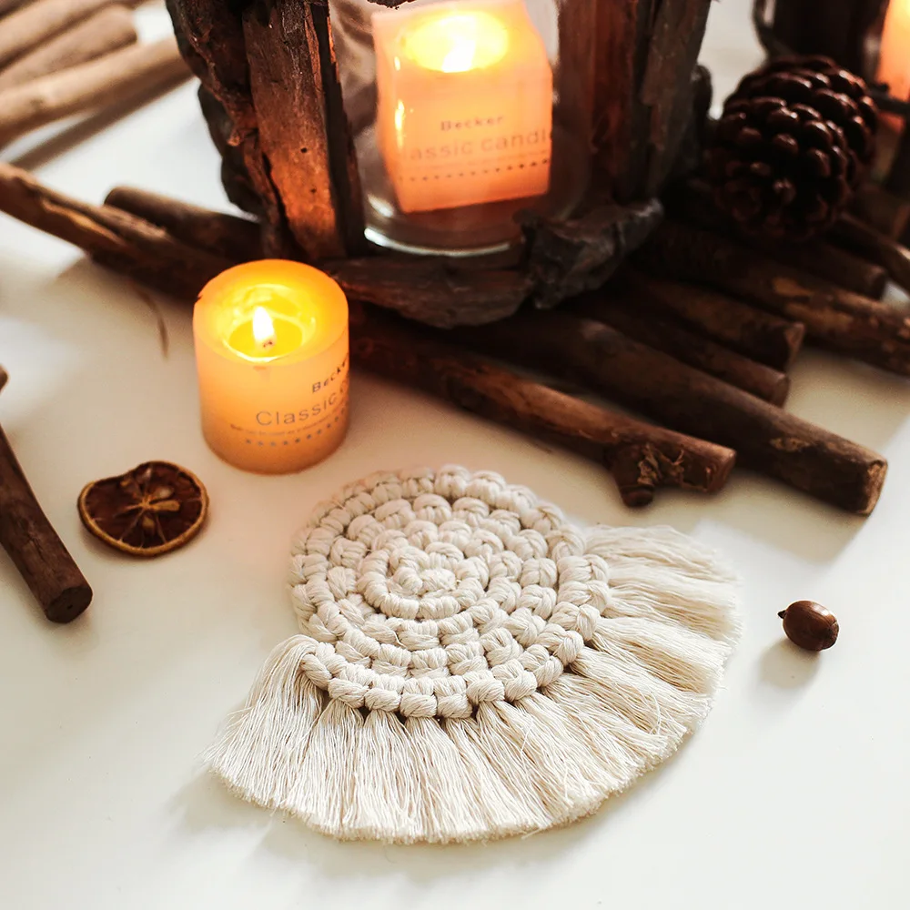 

Hand-woven placemat INS photography props table mat cotton rope tassels round non-slip insulation bowl mat coaster Home decor